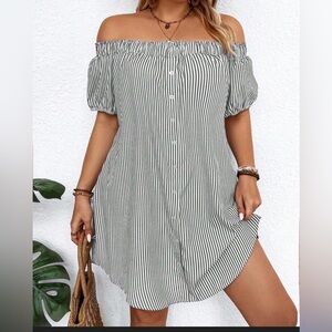 SHEIN Green and White Off-Shoulder Striped Mini Dress